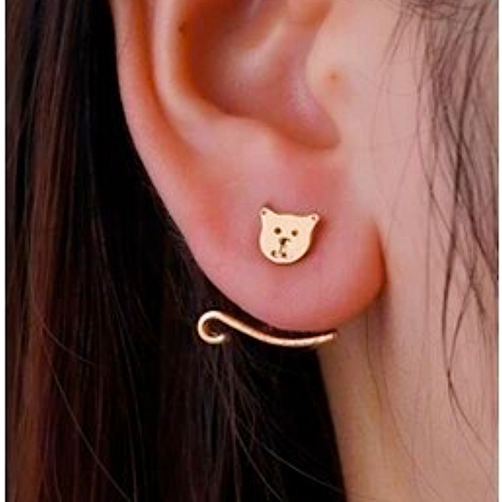 Kitty Cat Wrap Around Climber Minimalist Dainty Small 925 Silver Gold Earrings - Picture 1 of 5